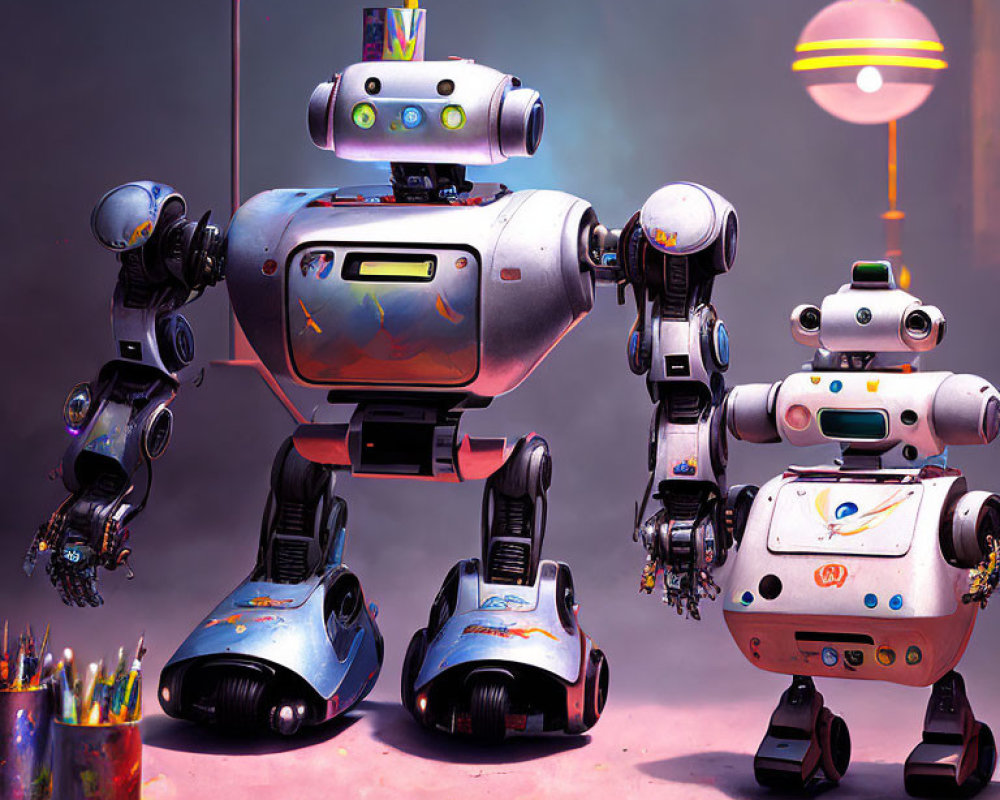 Colorful robots with artistic tools in creative scene