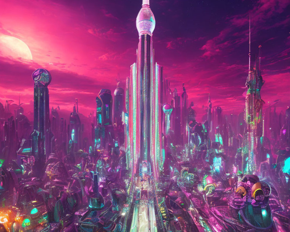 Futuristic cityscape with central tower and neon lights at dusk