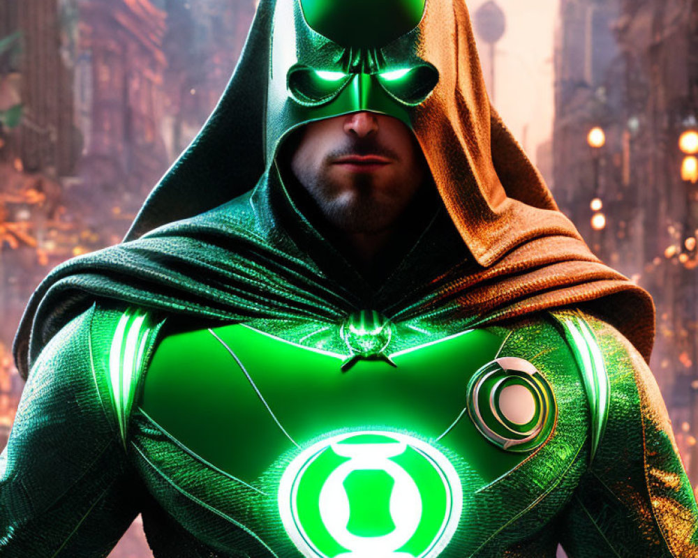 Superhero in Green Lantern-inspired costume with glowing symbol in futuristic city