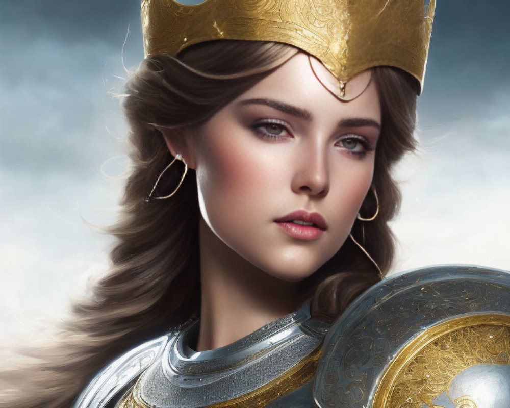 Medieval-style queen digital artwork with golden crown and armor