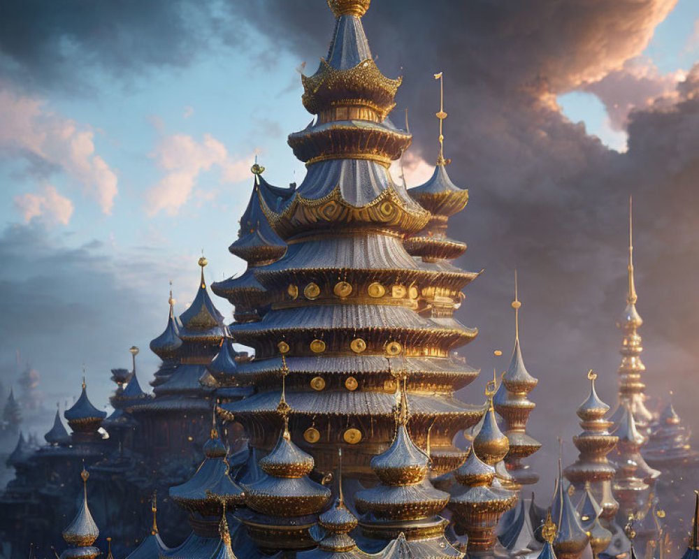 Intricate golden embellished pagoda against dramatic sky