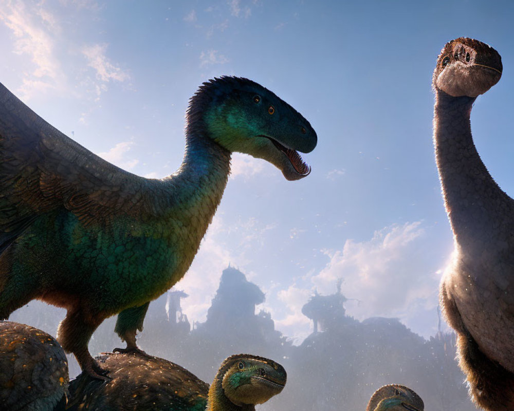 Colorful Feathered Theropod Dinosaurs in Sunlit Prehistoric Scene