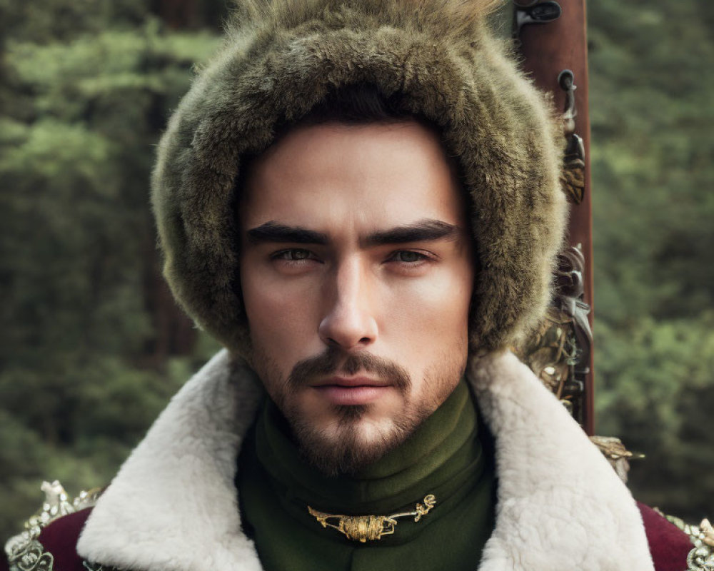 Intense gaze man in fur hat and vintage military attire in forest