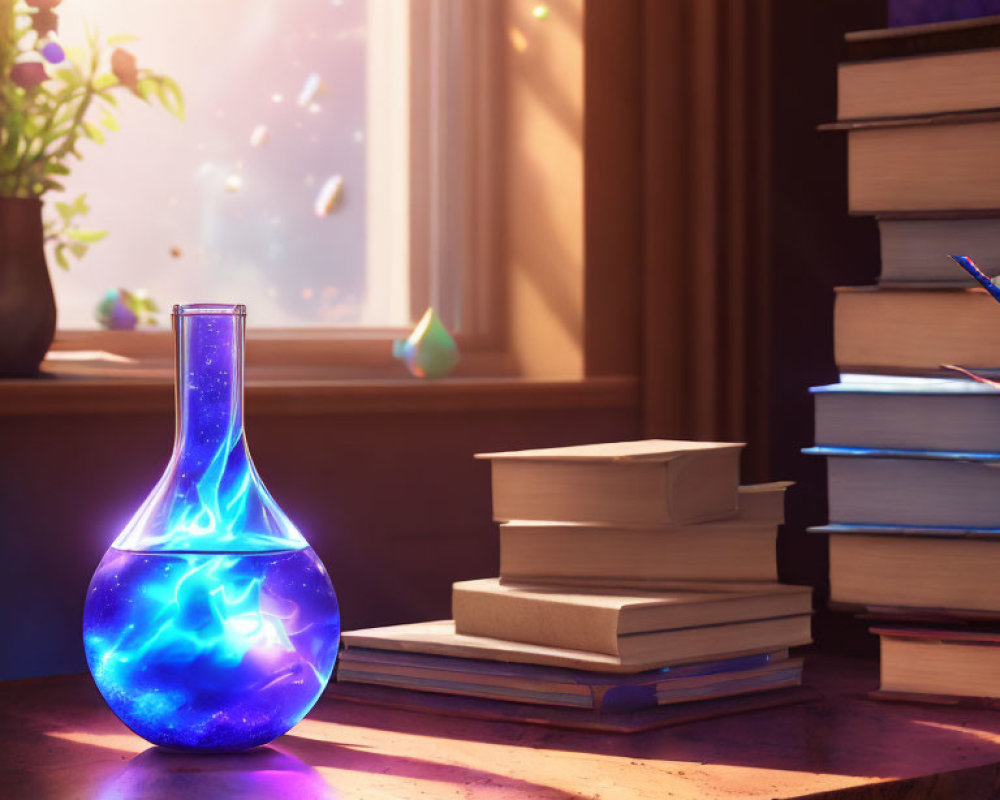 Blue potion in flask on table with books and crystals in sunlight