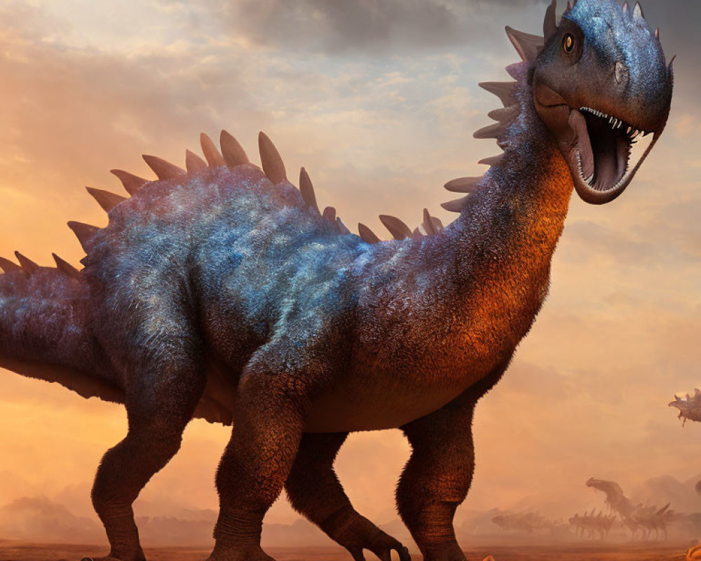 Vibrant Blue and Orange Dinosaur in Prehistoric Landscape