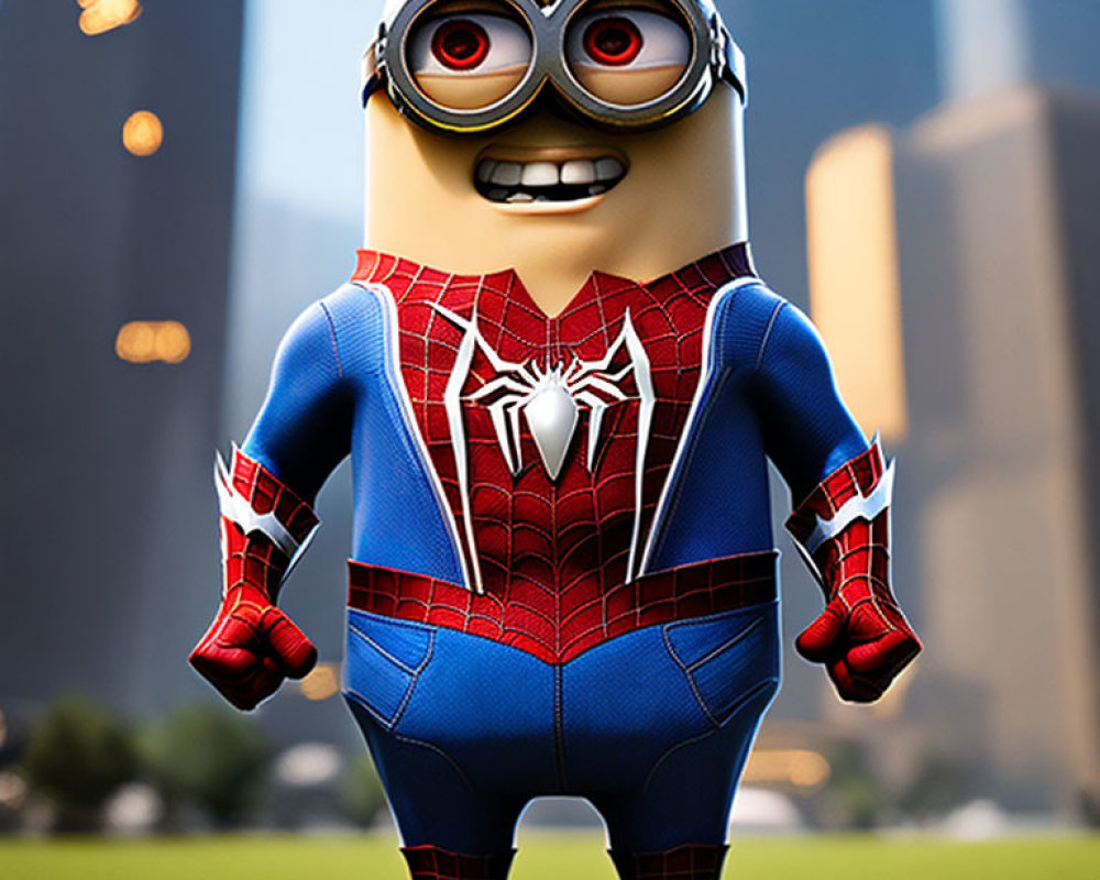 Spider-Man costume Minion against cityscape