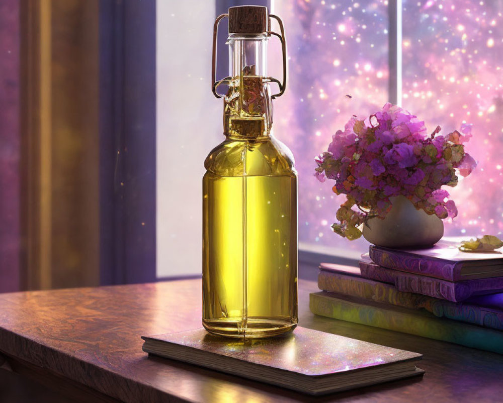 Glass Bottle with Golden Liquid Next to Flower Bouquet, Books, and Galaxy View