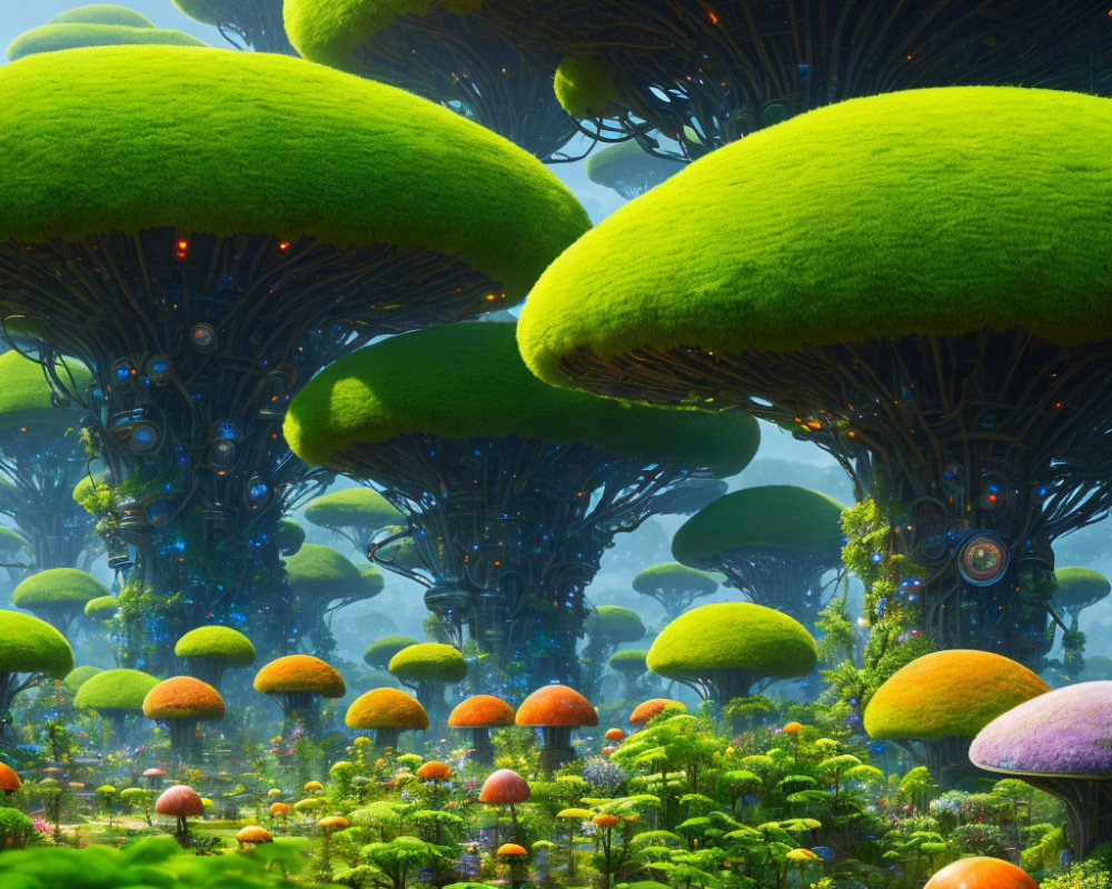 Vibrant Bioluminescent Mushroom Forest Scene