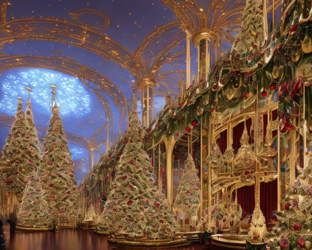 Luxurious Christmas-themed room with multiple trees and starry ceiling