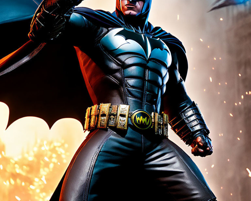 Batman costume with cape, bat symbol, and utility belt in front of Bat-Signal backdrop