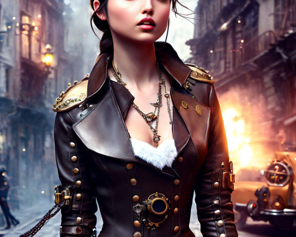 Steampunk Woman in Leather Jacket on Vintage City Street