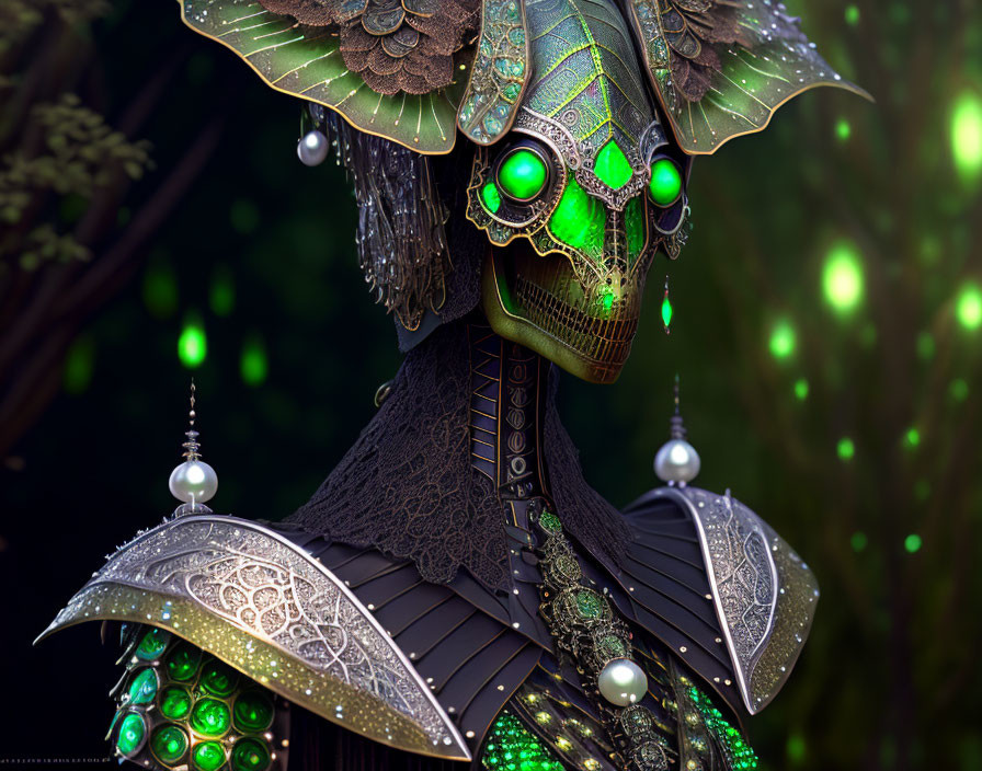 Intricate robotic figure with glowing green eyes and metal armor