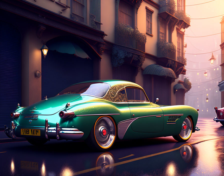 Vintage Green Car with Orange Accents Parked on Cobblestone Street at Dusk