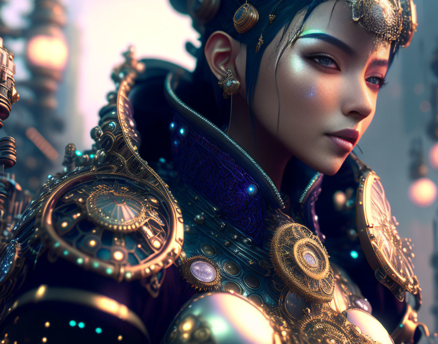 Steampunk-style armor woman digital artwork with glowing gems