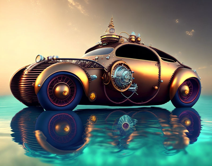 Steampunk-inspired car with gears and metallic accents reflected on water at twilight