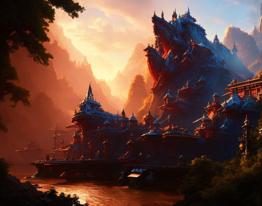 Elaborate fantasy landscape with towering city and river at sunset