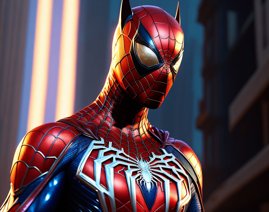 Detailed Spider-Man Suit Close-Up with Sunlit Buildings