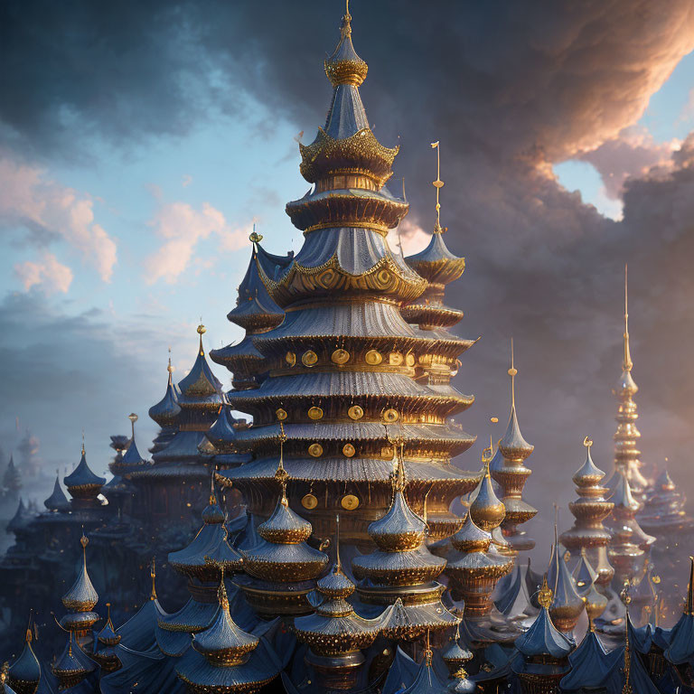 Intricate golden embellished pagoda against dramatic sky