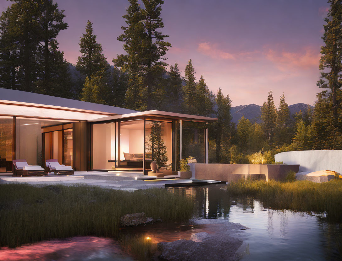 Modern House with Large Windows by Tranquil Pond at Dusk