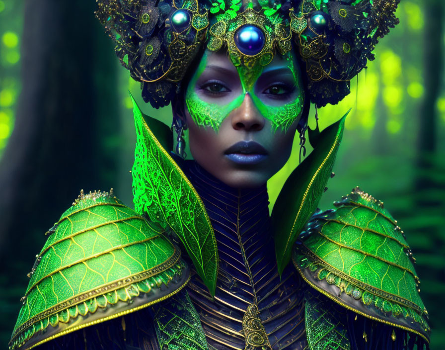 Woman in green and gold headgear and armor in mystical forest landscape