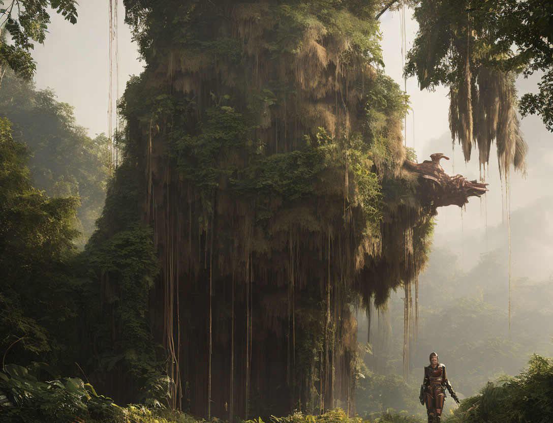 Person on horse under misty towering trees with sunlight filtering through lush foliage.