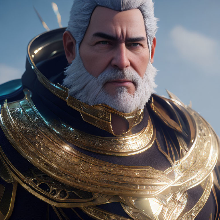 Elderly man in golden armor with white hair and beard on blue sky.