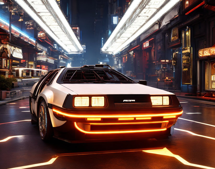 DeLorean car illuminated by neon lights on urban street at night