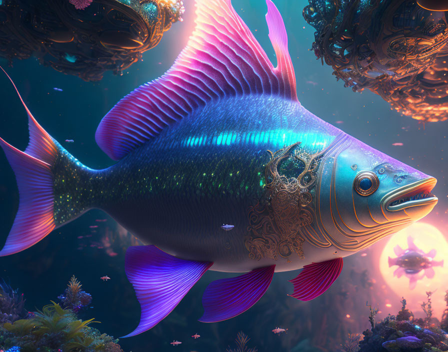 Colorful fish with mechanical parts in vibrant underwater scene