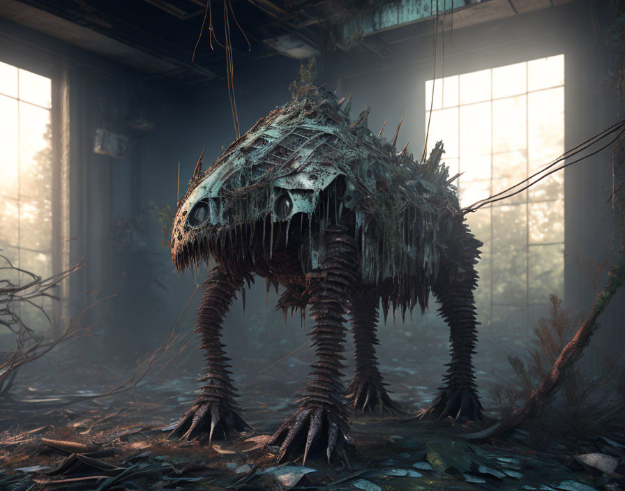 Branch-Covered Creature on Twisted Tree Legs in Abandoned Building