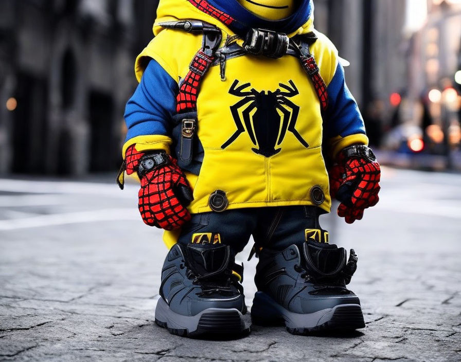 Person in Spider-Man Hoodie with Oversized Shoes in Urban Setting