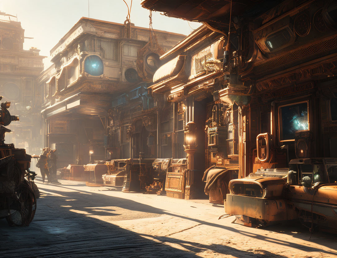 Vintage steampunk cityscape with ornate buildings and glowing blue orbs