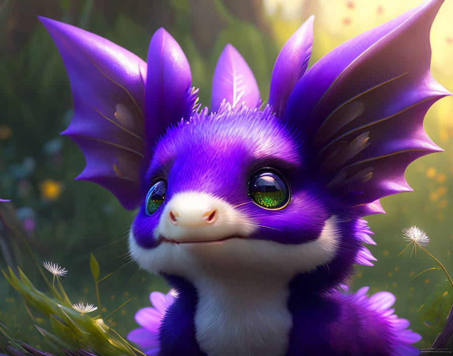 Purple creature with expressive eyes in sunlit dandelion field