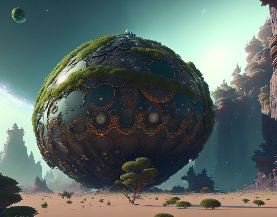 Intricate spherical structure in desert with cliffs and planet