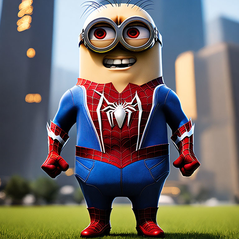 Spider-Man costume Minion against cityscape