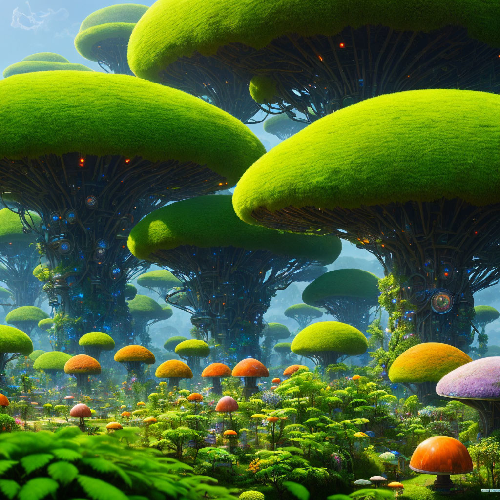 Vibrant Bioluminescent Mushroom Forest Scene