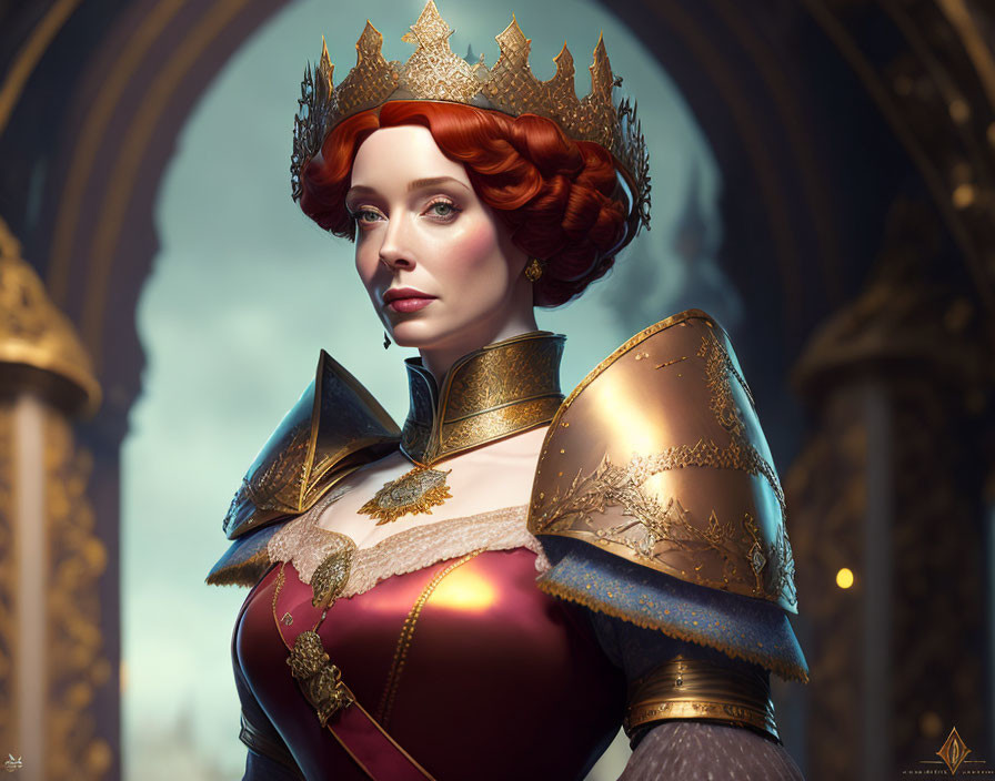 Regal woman in crown and ornate golden armor with red hair against blurred background