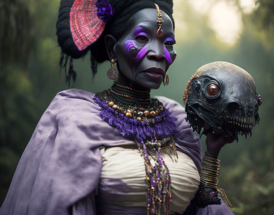 Person in dramatic purple makeup holding metallic skull in misty forest.