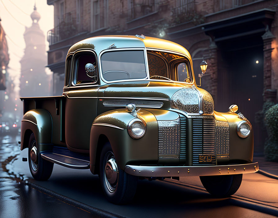 Classic pickup truck on cobblestone street at dusk with cityscape and warm street lights.