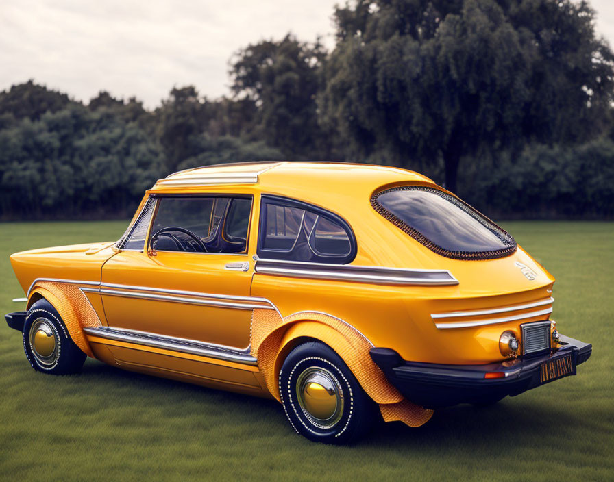 Vintage Yellow Car with Unique Design, White Wall Tires, and Chrome Accents