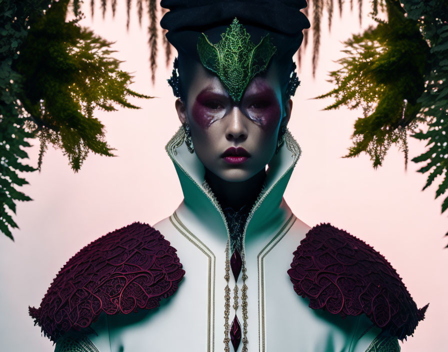 Dramatic makeup and leaf-shaped mask on person in elaborate costume