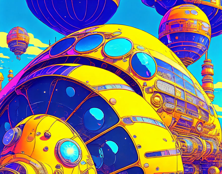 Futuristic cityscape with yellow domed buildings and floating structures