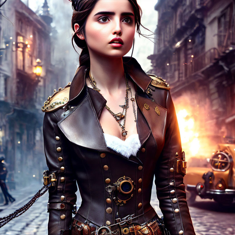 Steampunk Woman in Leather Jacket on Vintage City Street