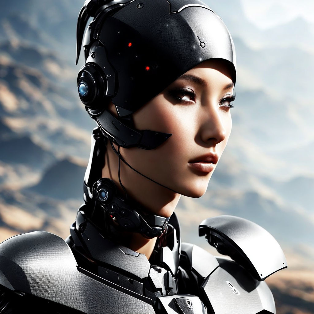 Photorealistic female android with black headpiece and mechanical neck against mountainous landscape