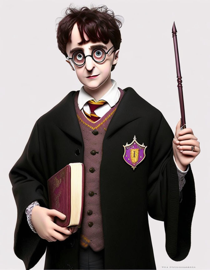 Young wizard with round glasses, wand, and book in hand in black robe with crest