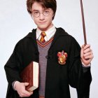 Young wizard with round glasses, wand, and book in hand in black robe with crest