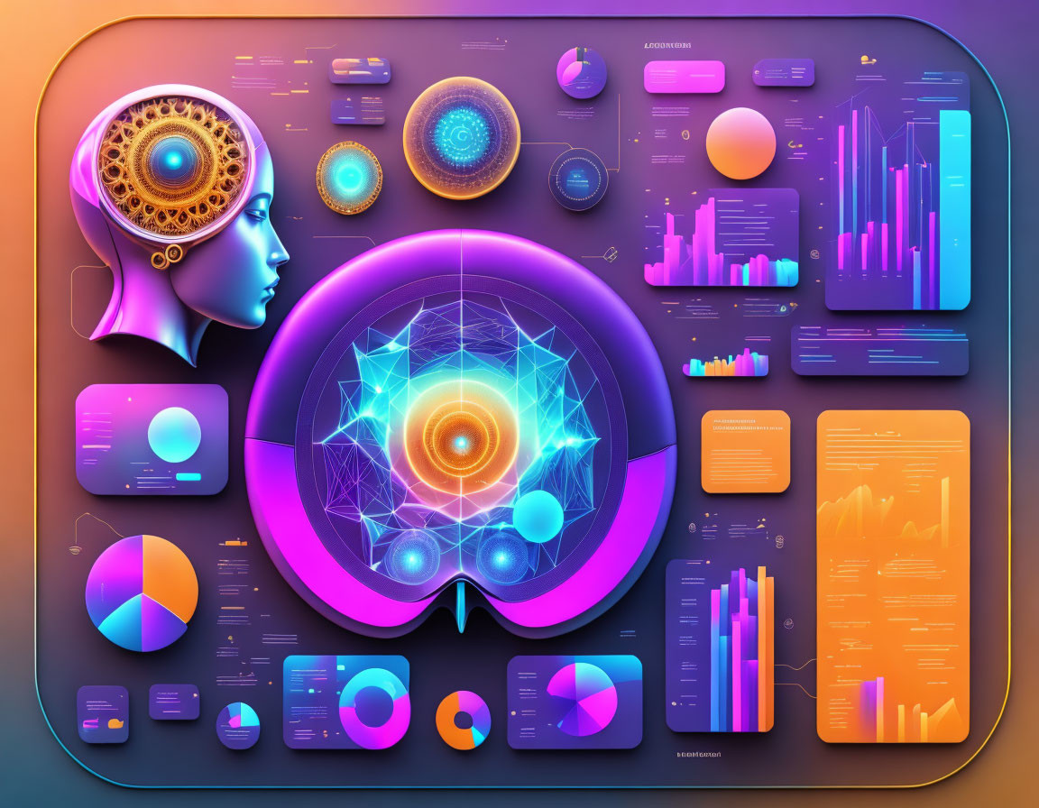 Colorful Digital Art: Profile Human Head with Futuristic Infographics