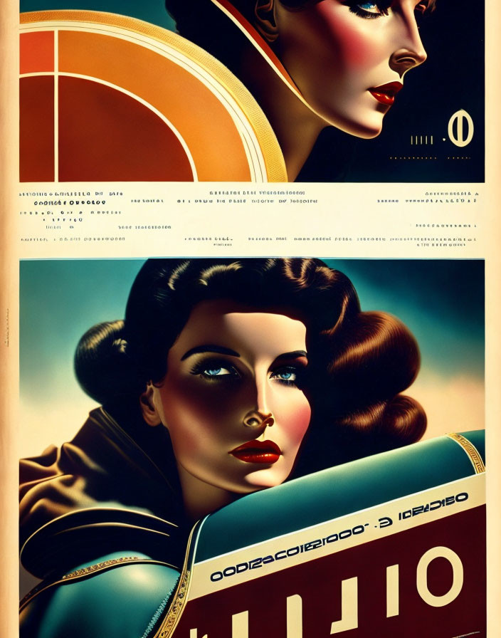 Illustrated vintage-style poster with red-lipped woman and retro-futuristic design