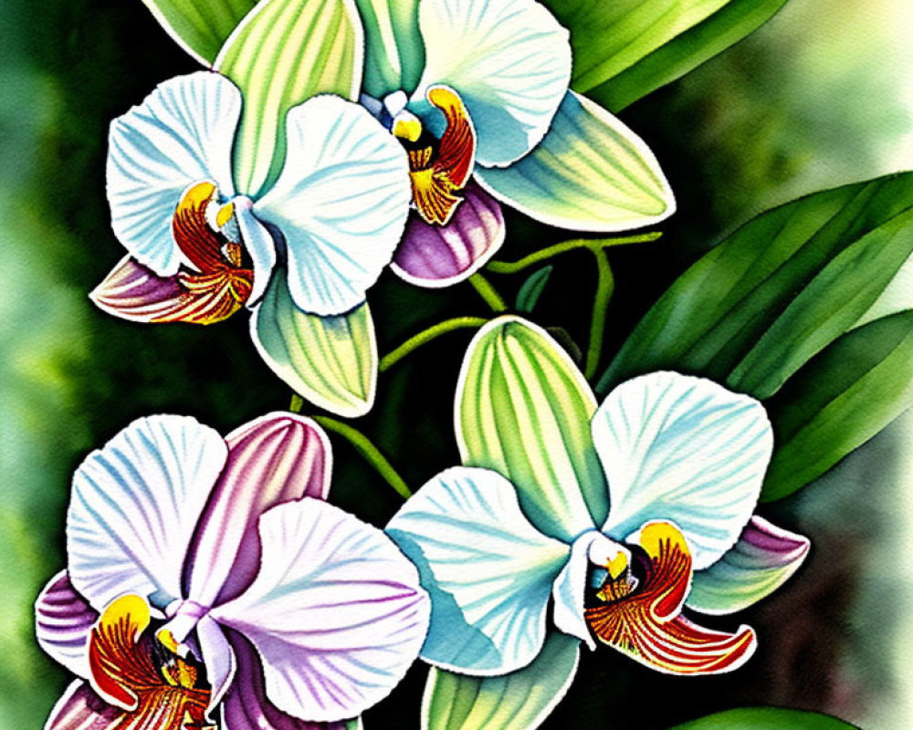 Detailed Orchids Illustration with White and Purple Petals on Green Background