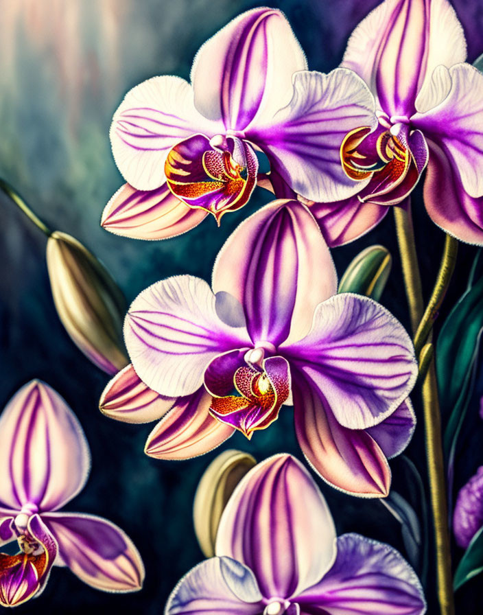 Detailed Purple and White Orchid Flowers on Green Background