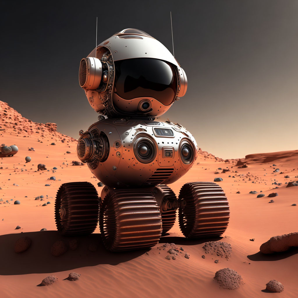 Futuristic humanoid robot on six-wheeled legs in Mars landscape